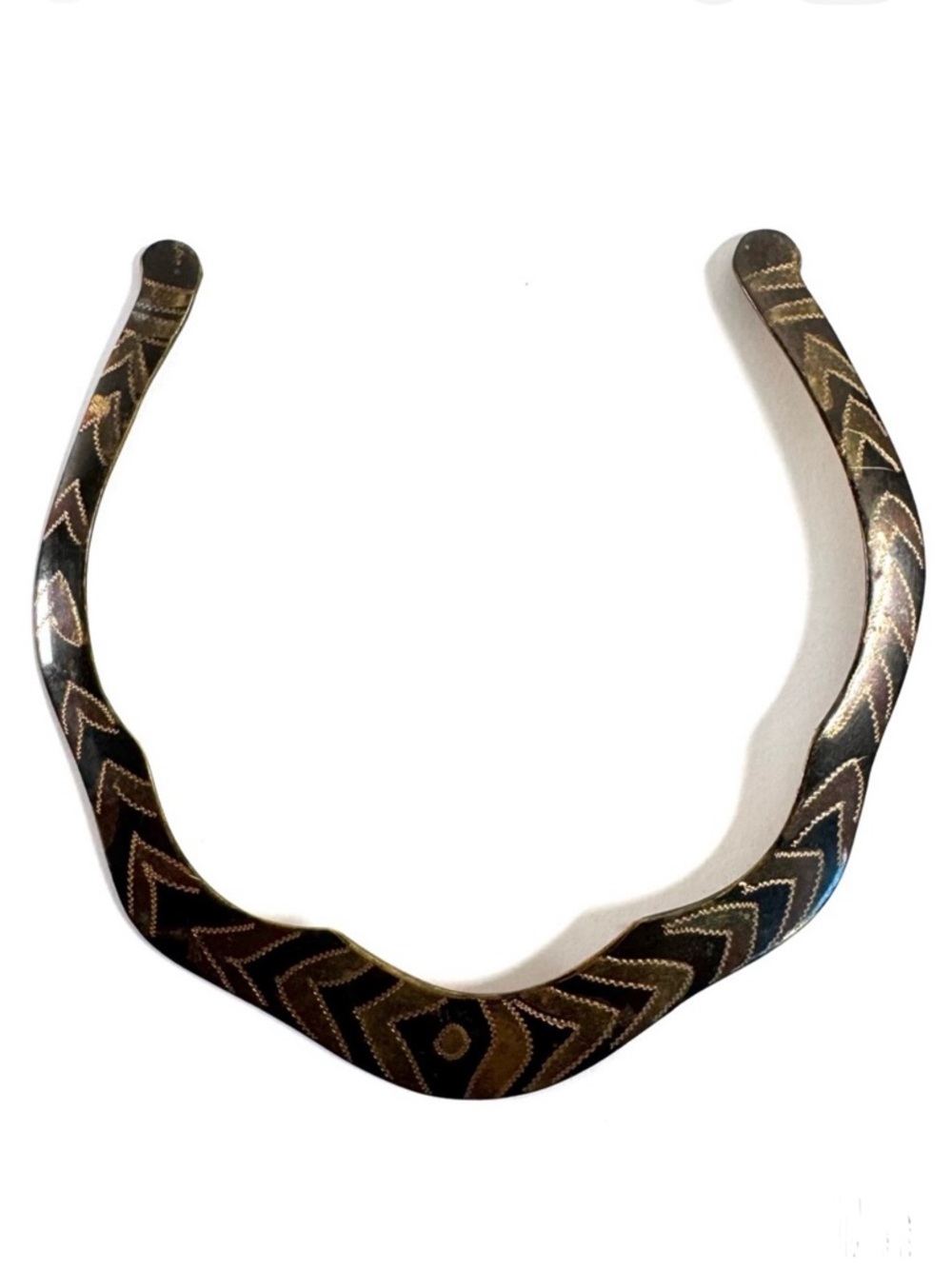 Brass Torque Collar Necklace Black Gold Etched Pattern Statement Choker